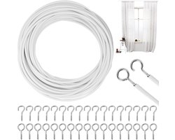 Ryoudavell - Gordijndraad - gordijnkabel - 10 meter - gecoat met kunststof - met schroefogen en haken - Spiraaldraad set - wit - 25 schapenoogcirkels en 25 vraagtekenspijkers -haken - voor gordijnroedes, gordijnen en douchegordijnen