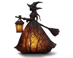 Ryoudavell - Heksenlamp met Lantaarn - Gothic Halloween Decoratie Beeldje met LED Nachtlampje - USB Sfeerlamp Tafellamp voor Woonkamer en Slaapkamer - Spookachtige Pompoen & Heks Nachtlamp Sfeerverlichting - Cadeau Ornament