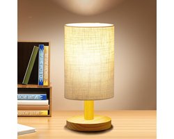 Ryoudavell - Mini Tafellamp - Retro Bedlampje met Houten Basis & Ronde Linnen Lampenkap - Warm LED Sfeerlicht voor Slaapkamer - Woonkamer & Kantoor
