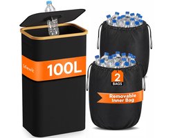 Ryoudavell - Opvouwbare Recyclingbak 100L met Deksel, Grote Zwarte Recycle Container van Oxford Stof, 2 Herbruikbare Wasbare Binnenzakken, 2 Handvatten - voor Flessen, Plastic, Glas, Blik, Papier, Keuken, Buiten