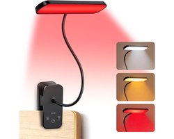 Ryoudavell - Roodlicht Leeslamp met 3 Kleurmodi - Oplaadbare Knijpboeklamp - Touch Dimmen - Geen Blauw Licht - Draagbare Draadloze Leeslamp voor Slaapkamer, Kantoor en Studenten - Zwart
