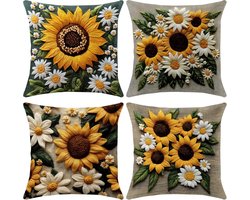 Ryoudavell - Set of 4 Linen kussenhoezen 18"x18" - Soft Flax Sunflowers Decorative Pillow Cases 45 x 45 - Double-Sided Modern Pillow Covers for Bed - Sofa/Couch/Living Room - Bedroom