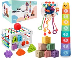 RZKHRT - Baby Speelgoed 6 maanden - 4 in 1 set - Speelgoed 1 Jaar - Stapelstenen - Bijtketting - Trekkoord Baby - Vormenstoof - 0 tot 4 jaar - Babyspeelgoed 0 Jaar - Montessori Speelgoed - Baby Speelgoed