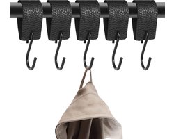S-haak zwart met leren lus, 5-pack jashaken met leren lus, multifunctionele haken met leren lus, kampeerhaken voor kledingroede in garderobekast (zwart, afmeting: 10,5 * 3 cm)