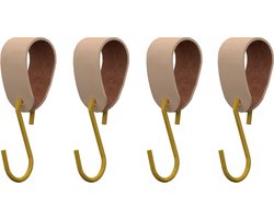 S-haakje Goud + leren hanger: NATUREL - Maat S - set van 4 (S-haakjes - kapstokhaakje - handdoekhaakje - kapstokhaak - ophanghaken - S-haken)