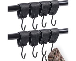 S-haken 8 stuks haken om op te hangen, S-haken zwart, jashaken, jashaken zwart, jashaken jashaken, jashaken met leren lus voor kapstok kledingrek keuken badkamer