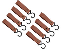 S-vormige haken - haken van PU-leer - met gesp - draagbaar - geschikt om op te hangen, voor kamperen, in de keuken, badkamer, jassen en handdoeken - bruin - 8 stuks