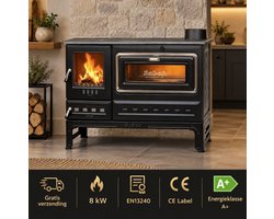 S12UC Sabah Open Haard Met Oven (Op Voet) – Houtkachels met Vuurvaste Steen– Gietijzer Haardkachel- Mat Zwart – 7,99 KW – Inclusief Haak en Schraper