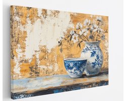 Saammp Canvas Schilderij - Chinees Porselein met Bloemen - Natuur - Kunstzinnig - 90x60 - Foto op canvas - Wanddecoratie - Muurdecoratie Woonkamer - Kantoor Decoratie