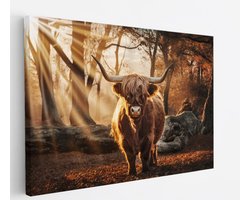 Saammp Canvas Schilderij - Schotse Hooglander Koe in een bos met zonsondergang - Dieren - Natuur - 70x50 - Foto op canvas - Wanddecoratie - muurdecoratie Woonkamer - Slaapkamer decoratie - Canvas Print