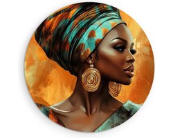 Saammp - Forex Muurcirkel - Abstract - Afrikaanse Vrouw - Blauwe Tulband - Ø 70 - Wandcirkel - Wanddecoratie Cirkel - Muurdecoratie Woonkamer - Slaapkamer decoratie - Rond Schilderij