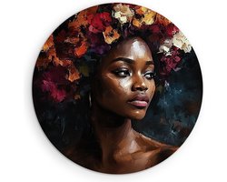 Saammp - Forex Muurcirkel - Afrikaanse Vrouw met Kleurrijke Bloemen - Abstract - Ø 70 - Wandcirkel - Wanddecoratie Cirkel - Muurdecoratie Woonkamer - Slaapkamer decoratie - Rond Schilderij