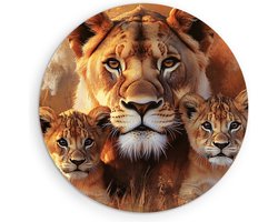 Saammp Forex Muurcirkel - Leeuwin met 2 welpen - Dieren - Abstract - Ø 90 - Wandcirkel - Wanddecoratie Cirkel - Muurdecoratie Woonkamer - Slaapkamer decoratie - Rond Schilderij