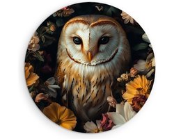 Saammp - Forex Muurcirkel Uil - tussen de bloemen- Abstract - Dieren - Ø 30 - Wandcirkel - Wanddecoratie Cirkel - muurdecoratie Woonkamer - Slaapkamer decoratie - Rond Schilderij