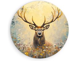 Saammp Muurcirkel Hout - Abstract hert tussen de bloemen - Natuur - Dieren - Ø 80 - Wandcirkel - Wanddecoratie Cirkel - Muurdecoratie Woonkamer - Slaapkamer decoratie - Rond Schilderij