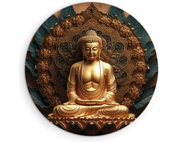 Saammp Muurcirkel Hout - Boeddha - Goud - Ø 40 - Wandcirkel - Wanddecoratie Cirkel - Muurdecoratie Woonkamer - Muurcirkel Houten