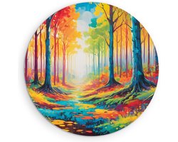 Saammp Muurcirkel Hout - Kleurrijk abstract bos - Natuur - Landschap - Ø 60 - Wandcirkel - Wanddecoratie Cirkel - Muurdecoratie Woonkamer - Slaapkamer decoratie - Rond Schilderij