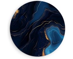 Saammp Muurcirkel Hout - Marmer - Donkerblauw - Turqoise - Abstract kunstwerk - Ø 50 - Wandcirkel - Wanddecoratie Cirkel - Muurdecoratie Woonkamer - Slaapkamer decoratie - Rond Schilderij