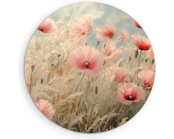 Saammp Muurcirkel Hout - Veld met Zachte Klaprozen - Bloemen - Natuur - Ø 60 - Wandcirkel - Wanddecoratie Cirkel - Scandinavisch Design - Woondecoratie