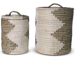 Safaary - Rieten Wasmand met Deksel van Zeegras Grijs-Wit