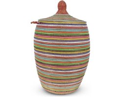 Safaary - Rieten Wasmand met Deksel Zeegras Multi-Kleur Gestreept - Ø 45 x 80cm