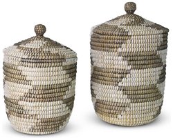 Safaary - Rieten Wasmand met Deksel Zeegras Zwart-Wit