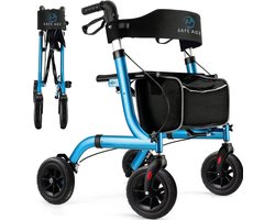 Safe Age® Rollator lichtgewicht en opvouwbaar - Rubberen wielen - zitfunctie - voor binnen en buiten - Rugleuning en wandelstok houder - Blauw
