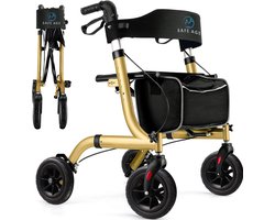 Safe Age® Rollator lichtgewicht en opvouwbaar - Rubberen wielen - zitfunctie - voor binnen en buiten - Rugleuning en wandelstok houder - Goud