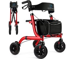 Safe Age® Rollator lichtgewicht en opvouwbaar - Rubberen wielen - zitfunctie - voor binnen en buiten - Rugleuning en wandelstok houder - Rood