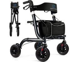 Safe Age® Rollator lichtgewicht en opvouwbaar - Rubberen wielen - zitfunctie - voor binnen en buiten - Rugleuning en wandelstok houder - Zwart