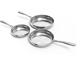 Safecourt Kitchen 3-delige RVS koekenpan Pannenset - Ø 20, 24, 28 cm Pannen - Inductie, Elektrisch, Keramisch & Gas - PFAS & PTFE vrij