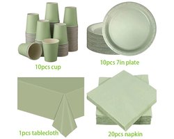 Sage Groen Wegwerp Feestservies Set – Papieren Borden, Bekers, Servetten & Bestek – Disposable Party Tableware voor Kinderfeestjes en Evenementen