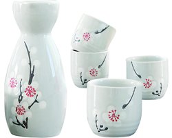 Sake set, 5-delig, handbeschilderd, Japanse kersenbloesem, sake beker, warme wijnpot, traditionele lekmokken, wijnglazen, knutselen, cadeau, wit