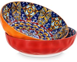 Salad Bowls - 1.5L - Set van 2 - Grote Porseleinen Serveerschalen - Magnetron en Vaatwasser Bestendig - Mengkommen - Pasta- en Soepkommen voor Keuken en Diner - Rood en Oranje