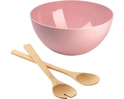 Salade/fruit serveer schaal - roze - kunststof - Dia 28 cm - met bamboe Sla couvert/bestek van 30 cm