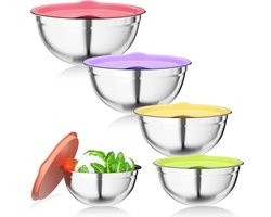 Saladekom set van 5, Mengkommen gemaakt van roestvrij staal met luchtdichte deksel, 4.5 L / 3.5 L / 2.5 L / 2 L / 1.4 L Kitchenaid kommen zijn stapelbaar en vaatwasmachinebestendig, voor mengen en serveren.