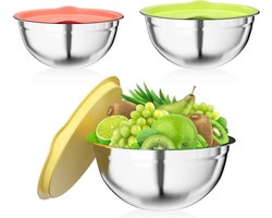 Saladekommen set van 3, Mengkommen gemaakt van roestvrij staal met luchtdichte deksel, 2,5 L / 2 L / 1,4 L Kitchenaid kommen zijn stapelbaar en vaatwasmachinebestendig, Kommen set voor mengen en serveren.
