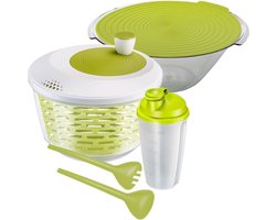 Saladeset, 4-delig, slacentrifuge, -com, -bestek en dressingshaker, kunststof, transparant/wit/groot