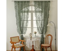 Saliegroen kanten gordijn voor de woonkamer, gordijn met ruches, transparant gordijn voor meisjeskamer, voile gordijnen, lichtdoorlatende gordijnen in landelijke stijl, tule gordijnen voor keuken en eetkamer, 2 panelen van elk 140 x 200 cm.