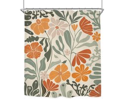 Saliegroene en oranje douchegordijnset - Douchegordijn - Bedrukt douchegordijn - Bloemenpatroon - Waterdicht douchegordijn - Polyester - 180x180cm - Inclusief 12 haken