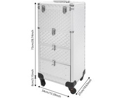 Salon Trolley – Make-up Trolley – Beauty Trolley – Opbergwagen – Kist Met Lades – Zilver – Duurzaam Aluminium – 3 Lades Met Slot