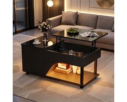 Salontafel 100 cm - Hoogte Verstelbaar met Verborgen Opbergruimte - LED-verlichting en Zijplank - Hoogglans MDF - Zwart