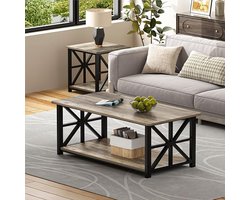 Salontafel 100 cm – Ronde hoeken, stabiel houten tafelblad met metalen frame, rustiek design met extra plank, kleur zandeiken