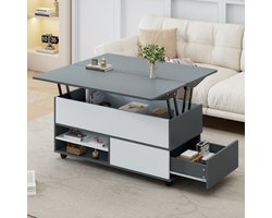 Salontafel - 100 x 98 x 65 cm - Verstelbare Hoogte met Opbergruimte en Wielen - Multifunctionele Koffietafel - Hout - Grijs/Wit