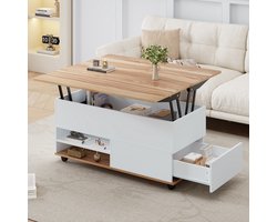Salontafel 100*98*65 cm, in hoogte verstelbare salontafel met verborgen opbergruimte en plank, woonkamertafel met wielen en lades, multifunctionele eettafel met veel opbergruimte, wit + naturel hout