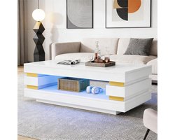 Salontafel - 100x50x35 cm - Met Opbergruimte En LED Verlichting - Hoogglans - Spaanplaat - Wit