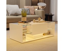 Salontafel 100x50x35cm – Wit Hoogglans met LED Licht, Lade en Opbergruimte, Modern Design voor Woonkamer