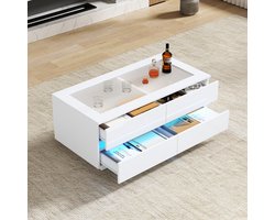 Salontafel 100x50x40 cm - met 4 lades - met LED-verlichting - gehard glazen tafelblad en hoogglanspanelen - woonkamer tafel - wit
