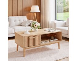 Salontafel 100x50x43cm, gemaakt van rotan met een lade en open opbergruimte, houten poten, een veelzijdig meubelstuk voor de woonkamer - Naturel