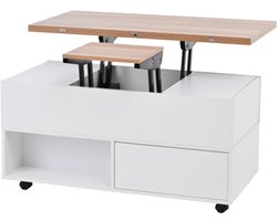 Salontafel 100x50x52cm Met 4 Wielen Multifunctionele Woonkamer Tafel Met 4 Lades Verstelbare Hoogte Koffietafel Opklapbaar Met Opbergruimte Wit + Houtkleur
